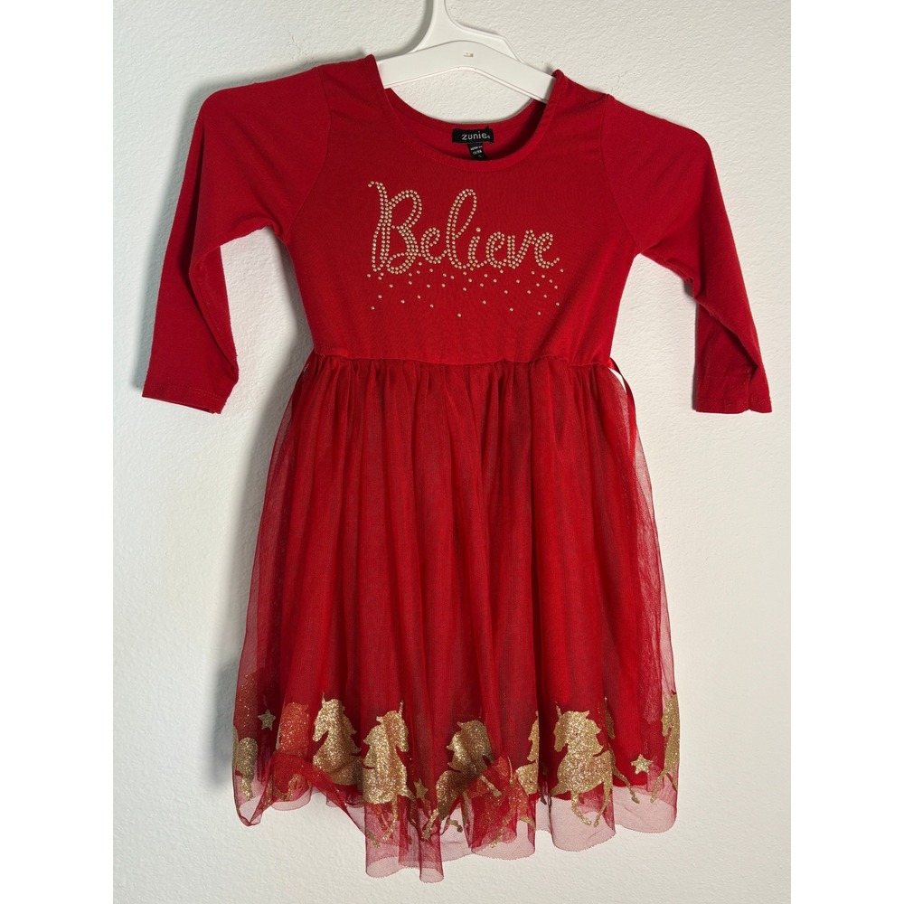 Zunie Girls Red Believe Unicorn Glitter Tulle Dress Holiday Christmas Size 6